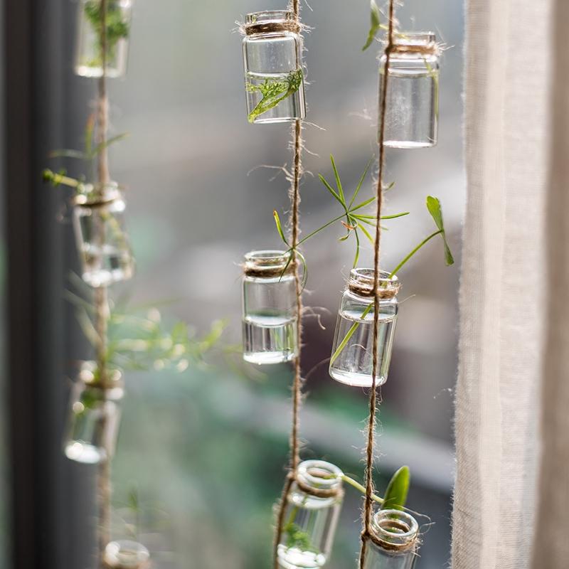 Set of 3 glass planters hanging from hemp rope, showcasing indoor plants in a stylish arrangement.