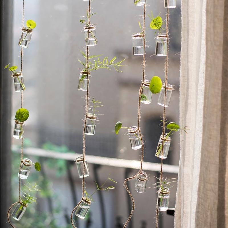 Set of 3 glass planters hanging from hemp rope, showcasing indoor plants in a stylish arrangement.