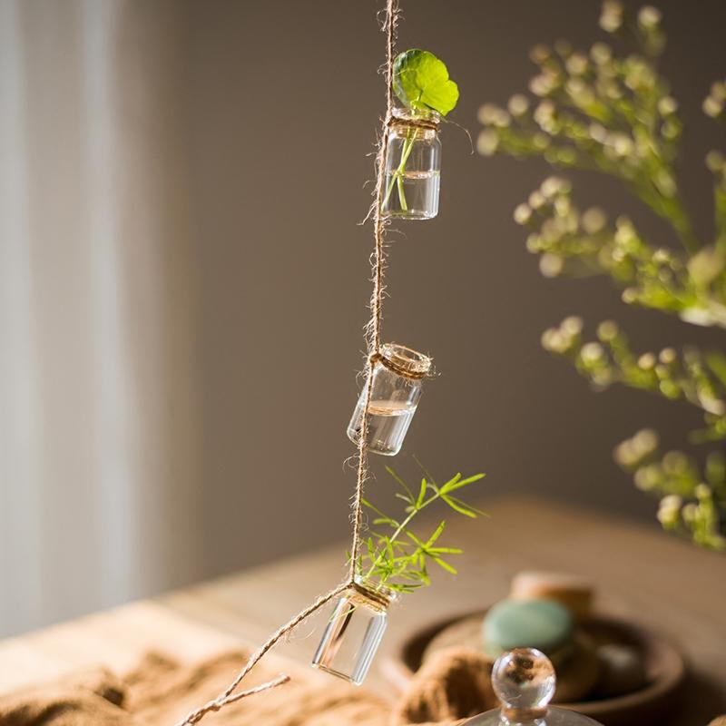 Set of 3 glass planters hanging from hemp rope, showcasing indoor plants in a stylish arrangement.