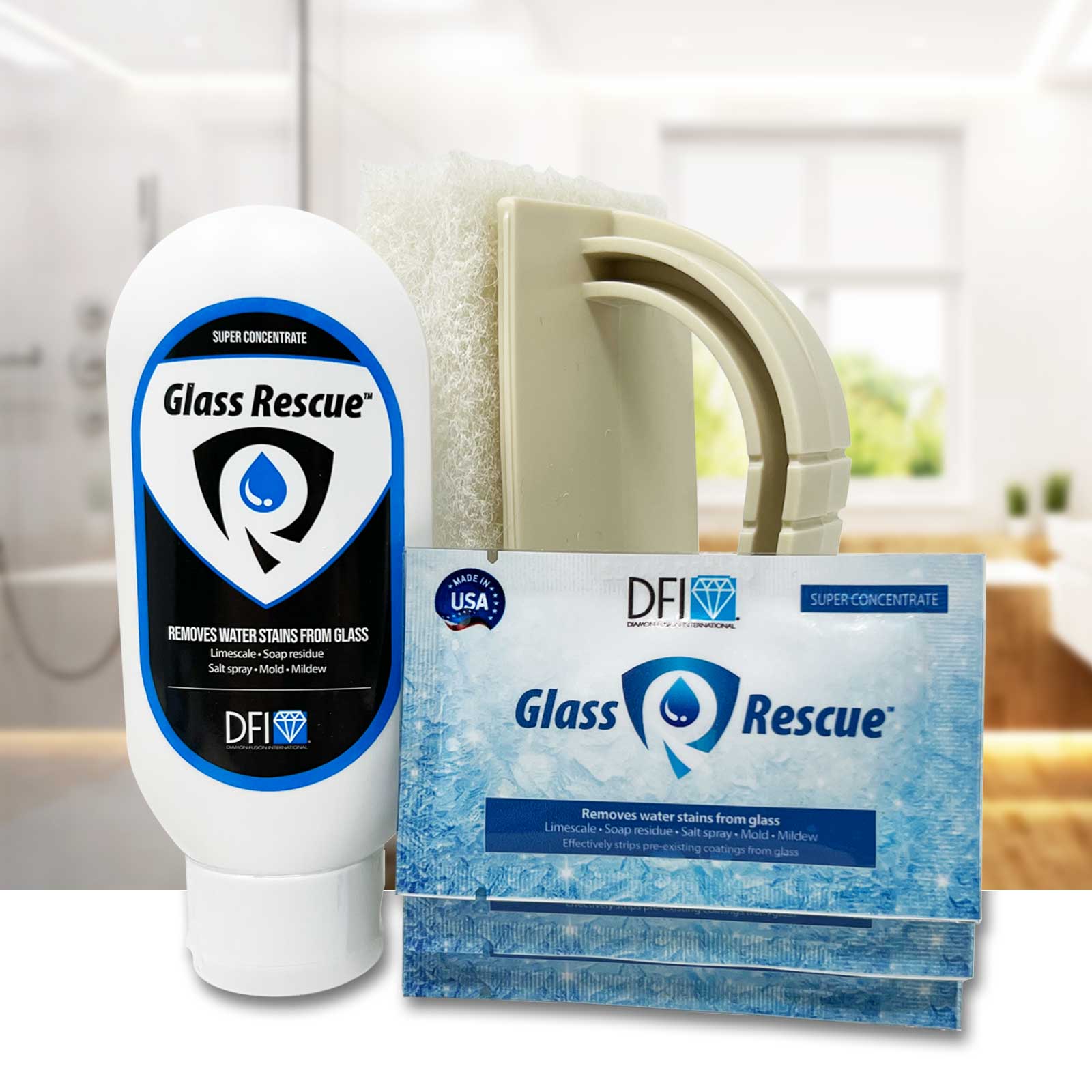 Glass Rescue™ super concentrated hard water stain remover in a 4 oz bottle, designed for effective cleaning of glass and tile surfaces.