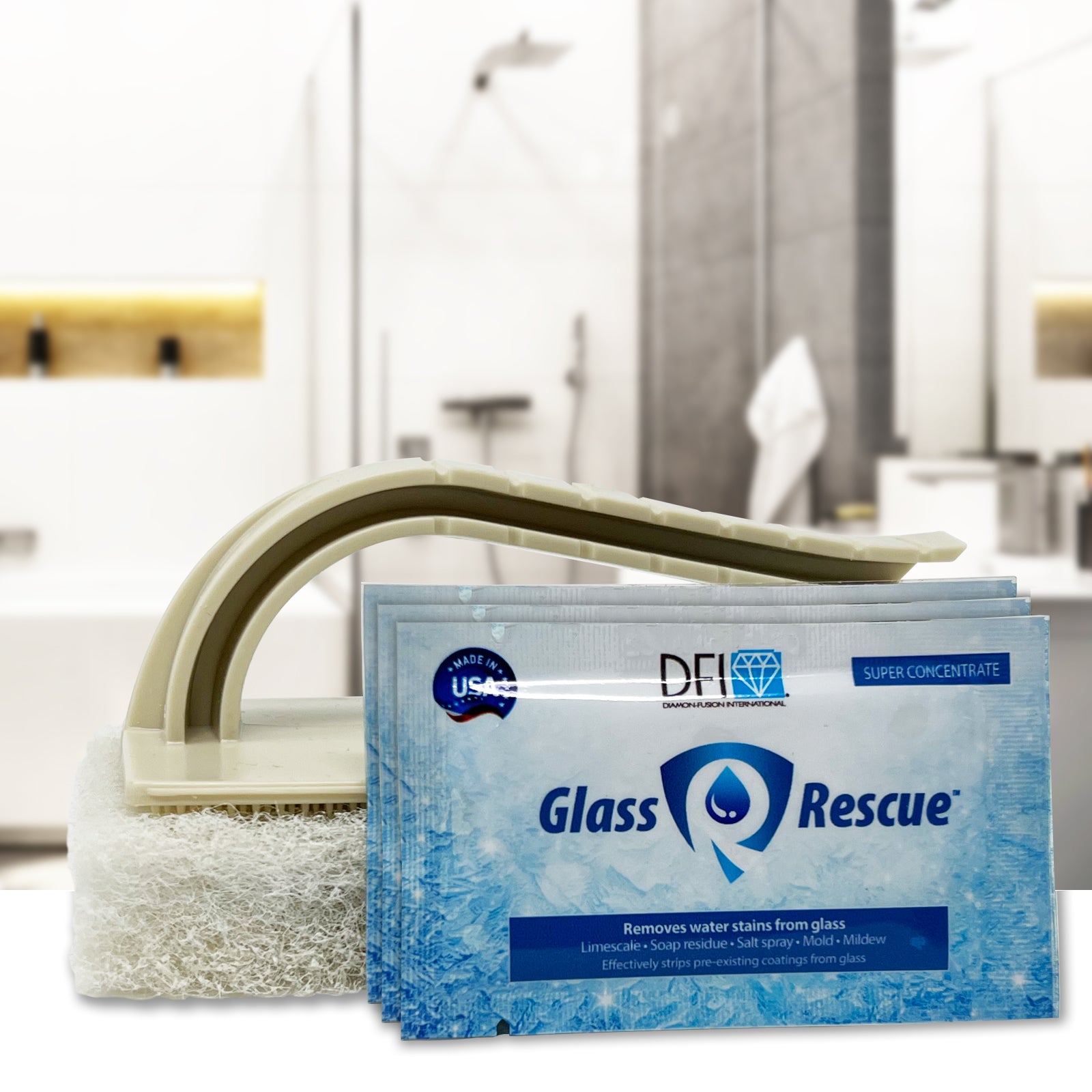 Glass Rescue™ super concentrated hard water stain remover in a 4 oz bottle, designed for effective cleaning of glass and tile surfaces.