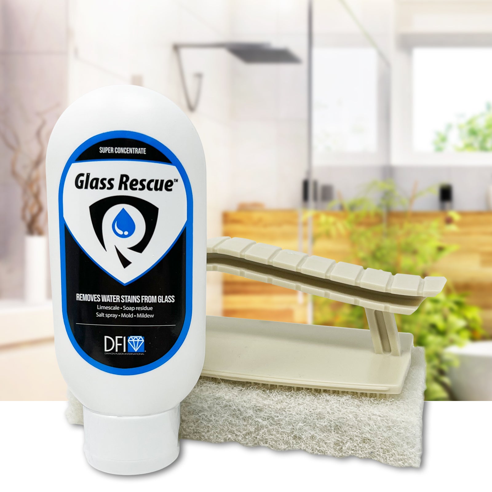 Glass Rescue™ super concentrated hard water stain remover in a 4 oz bottle, designed for effective cleaning of glass and tile surfaces.