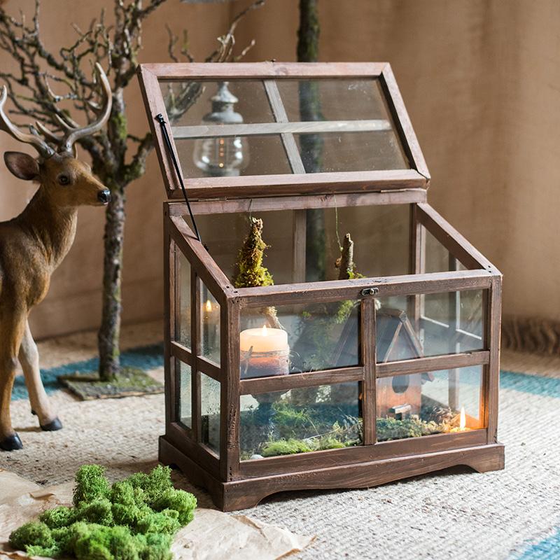 A stylish Glass Wood Display Box showcasing collectibles, featuring a clear glass top and a wooden base in brown sycamore.