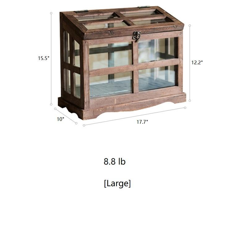 A stylish Glass Wood Display Box showcasing collectibles, featuring a clear glass top and a wooden base in brown sycamore.