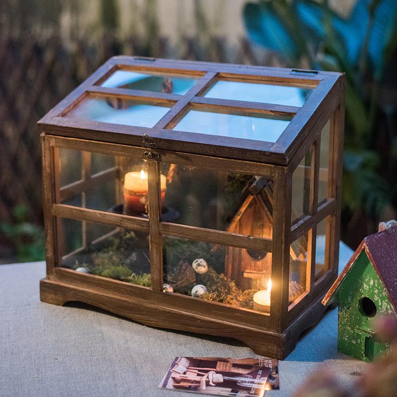 A stylish Glass Wood Display Box showcasing collectibles, featuring a clear glass top and a wooden base in brown sycamore.