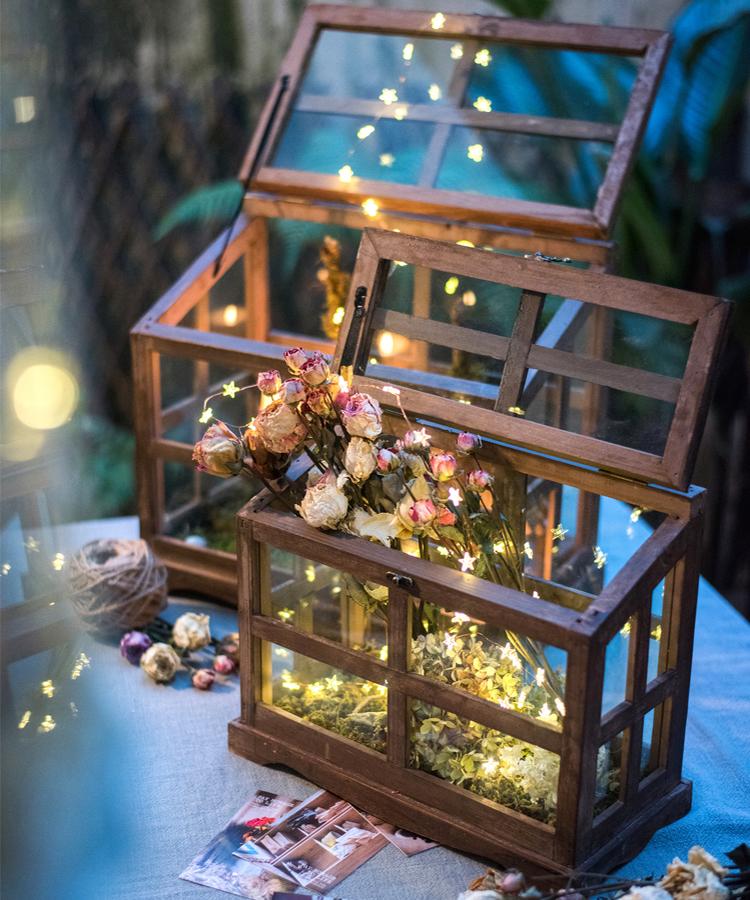 A stylish Glass Wood Display Box showcasing collectibles, featuring a clear glass top and a wooden base in brown sycamore.