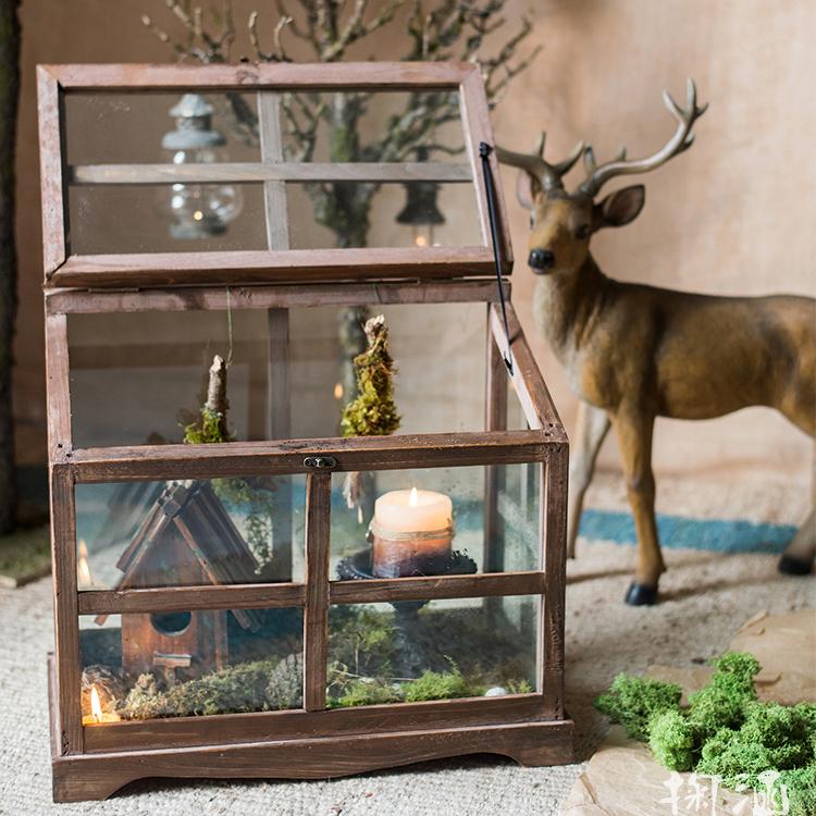 A stylish Glass Wood Display Box showcasing collectibles, featuring a clear glass top and a wooden base in brown sycamore.