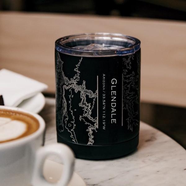 Custom engraved matte black insulated cup featuring a map of Glendale, Arizona with coordinates.