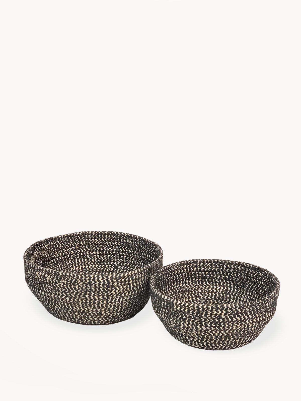 Set of two handcrafted black and gold glitter bowls made from braided jute and golden yarn, perfect for stylish storage.