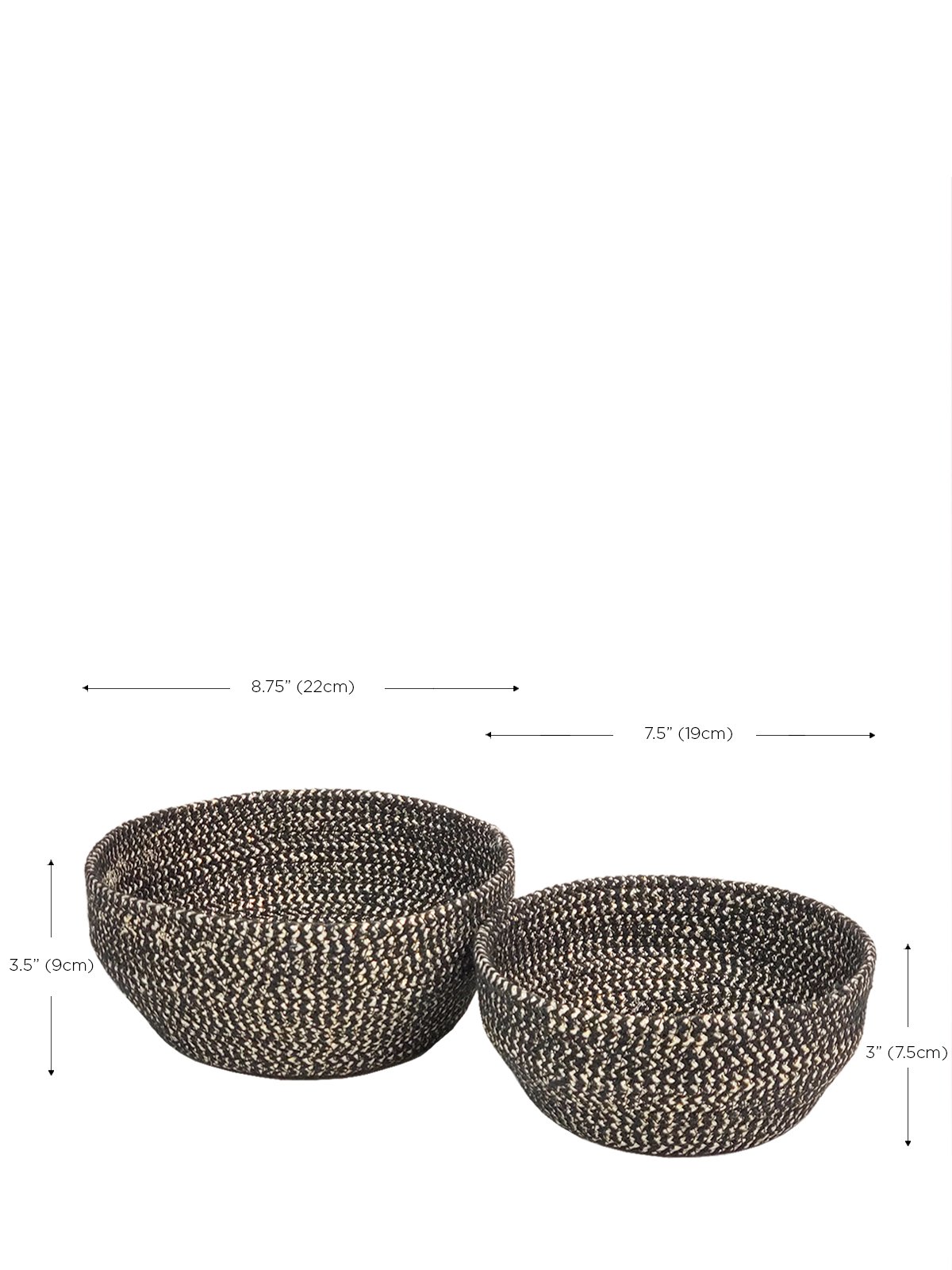 Set of two handcrafted black and gold glitter bowls made from braided jute and golden yarn, perfect for stylish storage.