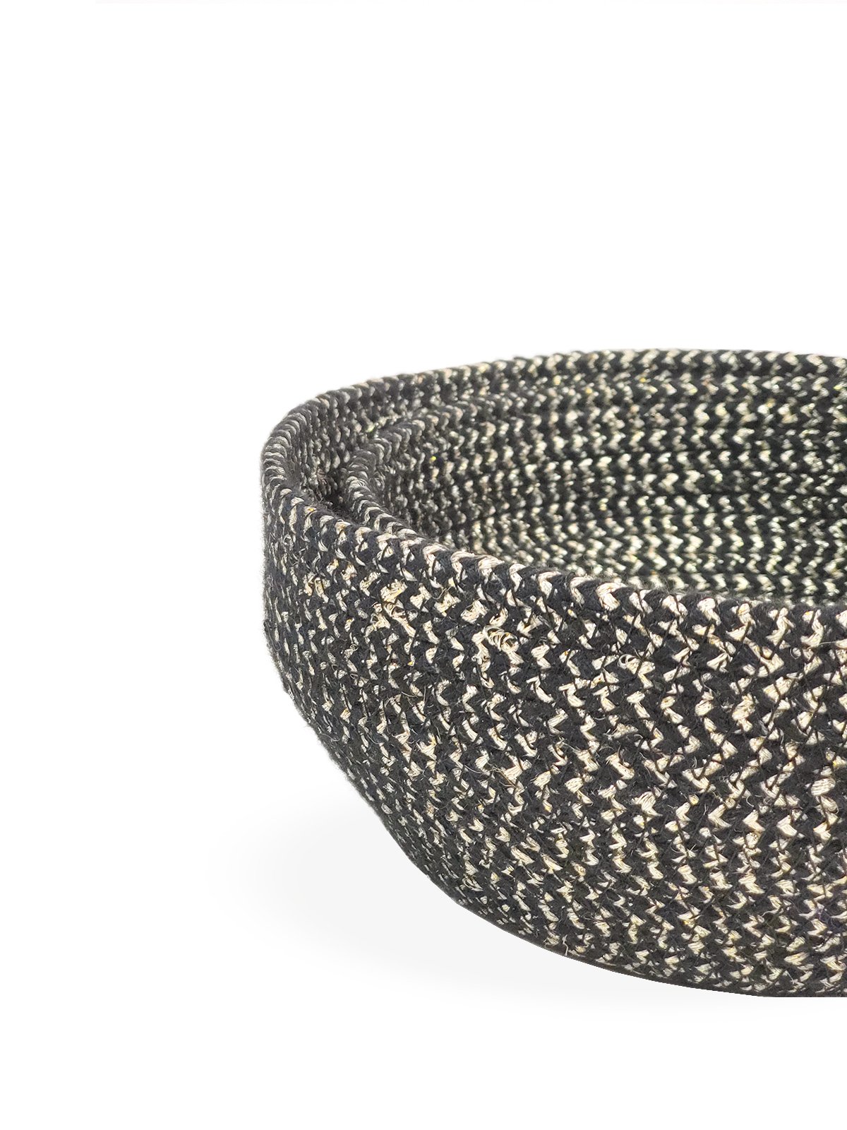 Set of two handcrafted black and gold glitter bowls made from braided jute and golden yarn, perfect for stylish storage.