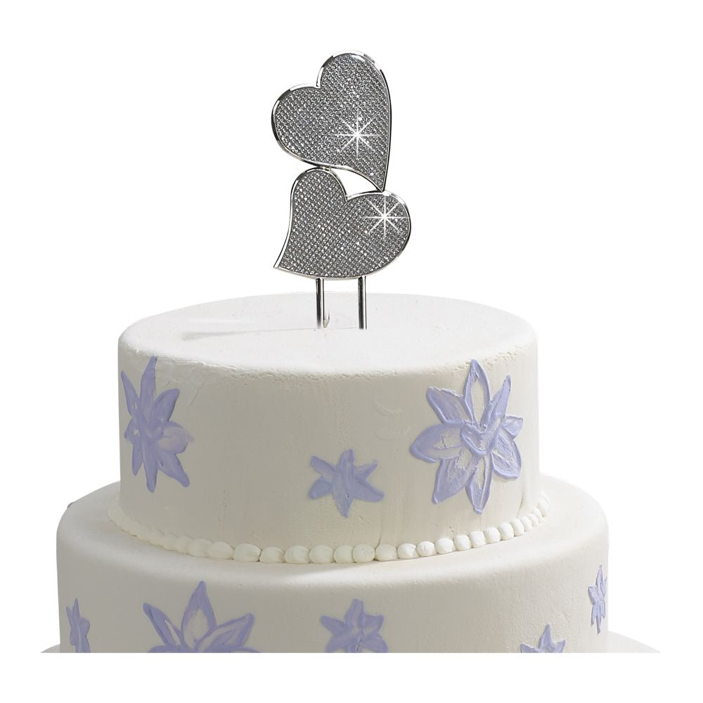 Glitter Galore Cake Topper featuring double hearts, shimmering finish, and engravable backside, perfect for wedding cakes.