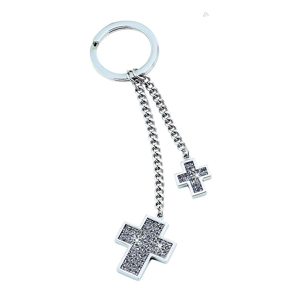 Glitter Galore Double Cross Keychain featuring acrylic crystals and silver-colored metal, perfect for personalization.