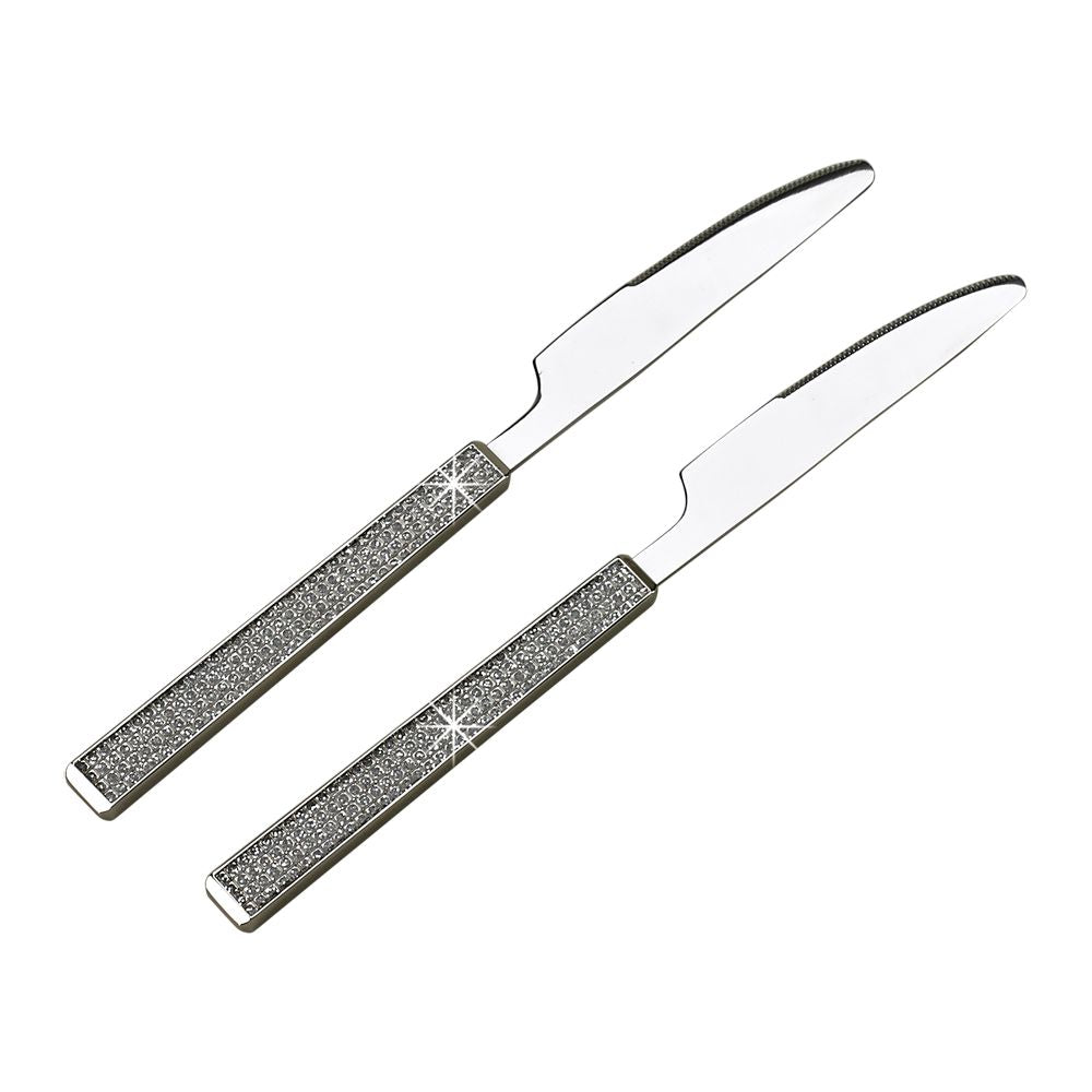 Glitter Galore Knife Pair featuring sparkling acrylic crystal handles and stainless steel blades, elegantly displayed in a gift box.