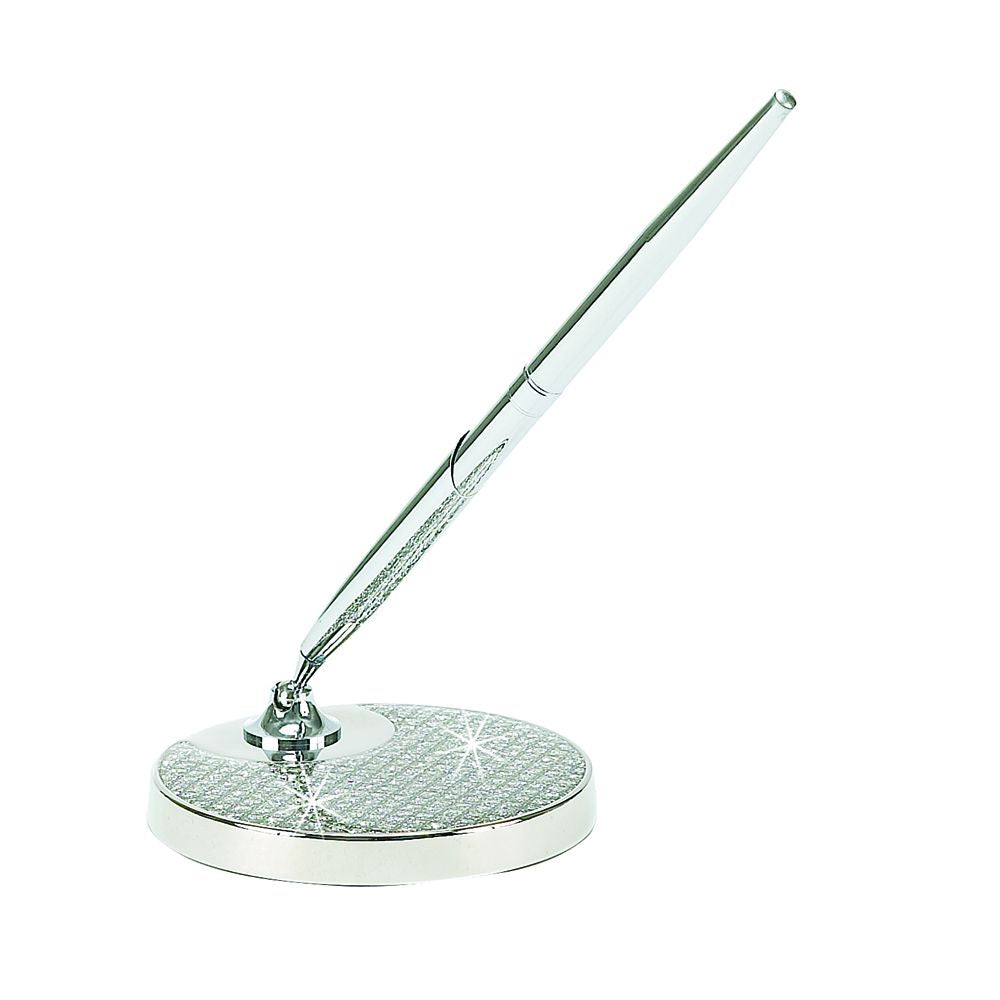 Glitter Galore Round Pen with Holder featuring acrylic crystals and silver-colored metal base.