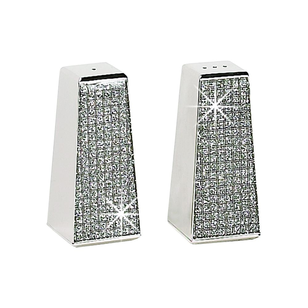 A pair of 3-inch tall Glitter Galore salt and pepper shakers featuring acrylic crystals and silver-colored metal.