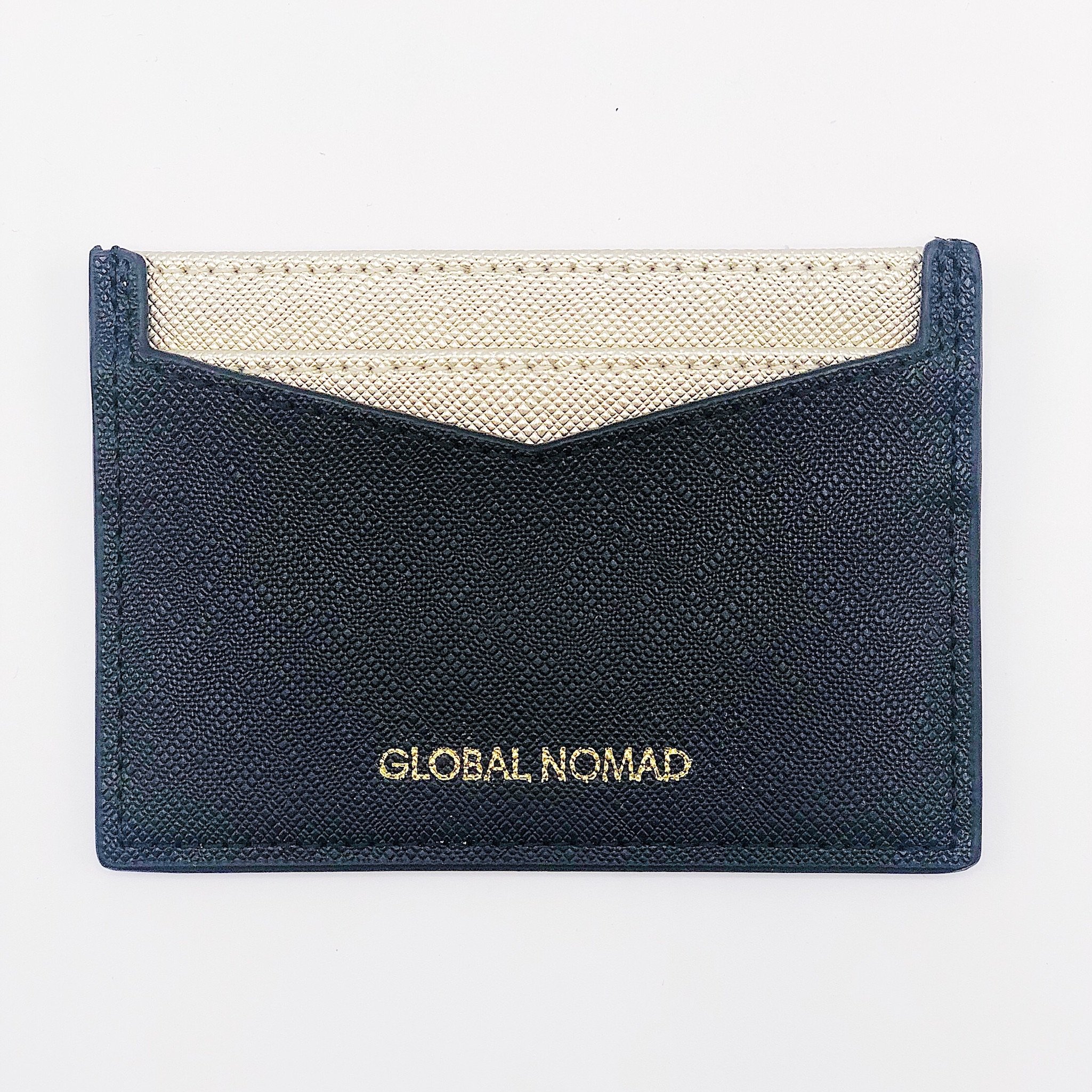 Global Nomad Credit Card Wallet in black and gold Saffiano leatherette with 4 slots for cards.