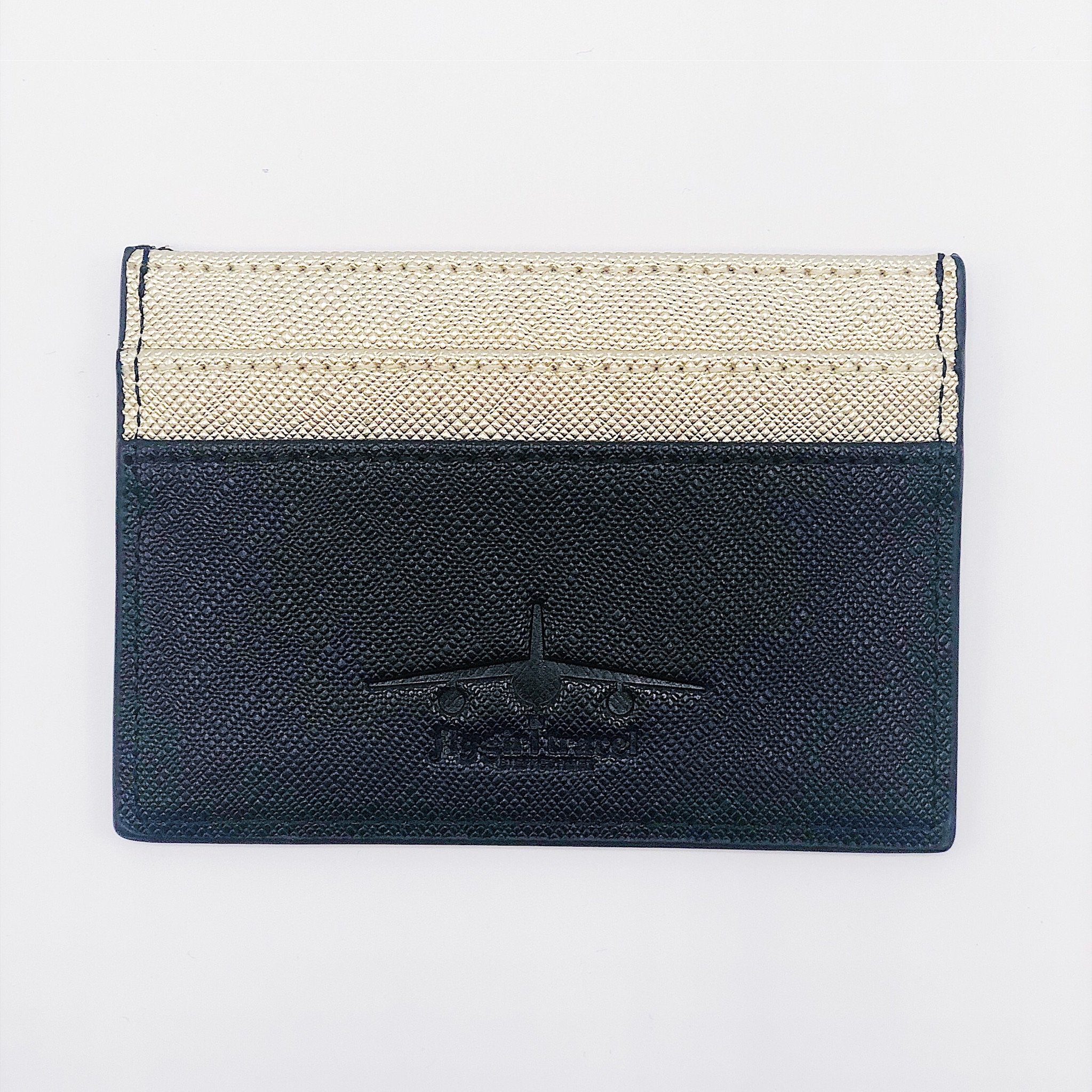 Global Nomad Credit Card Wallet in black and gold Saffiano leatherette with 4 slots for cards.