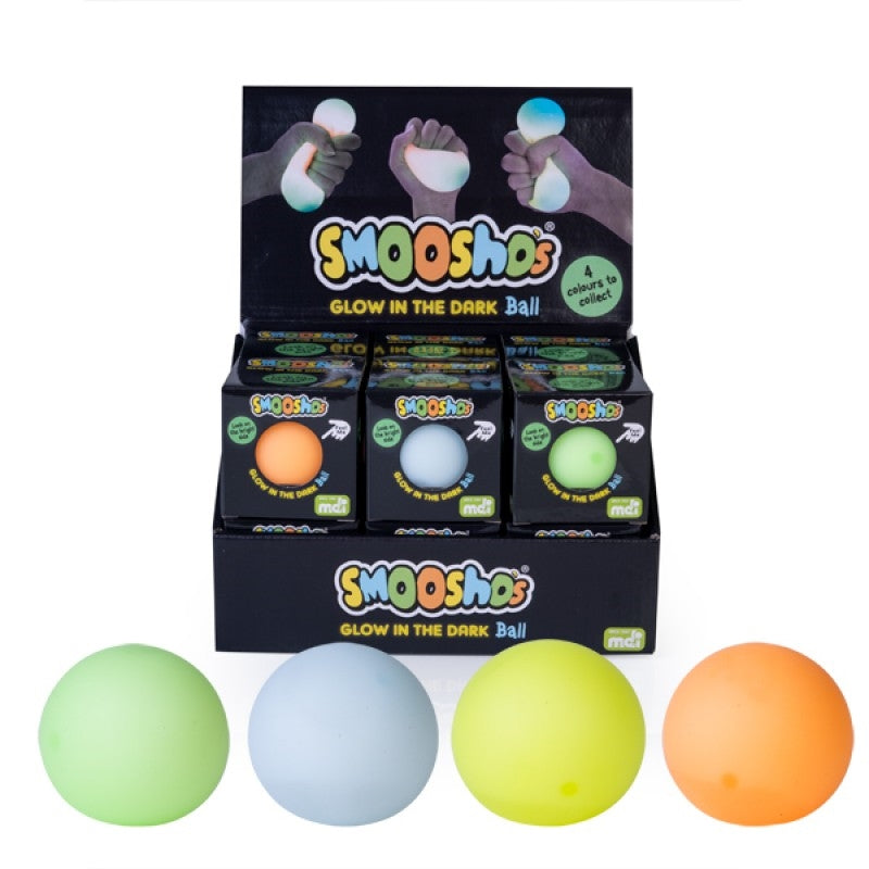 A colorful Glow In The Dark Smooshos Ball, perfect for squishing, featuring a soft foam texture and glowing colors.