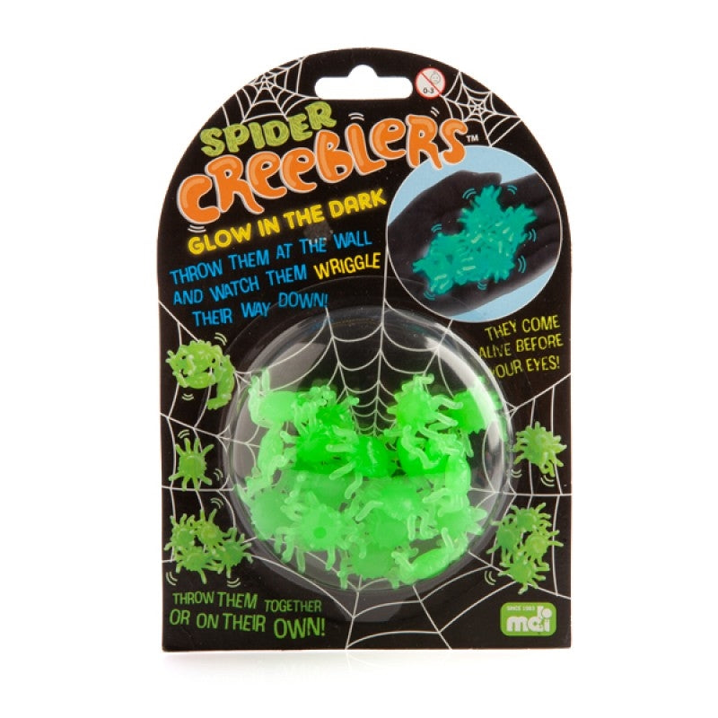 A pack of Glow In The Dark Spider Creeblers featuring squishy spiders that glow and stick to surfaces, perfect for fun and spooky decorations.