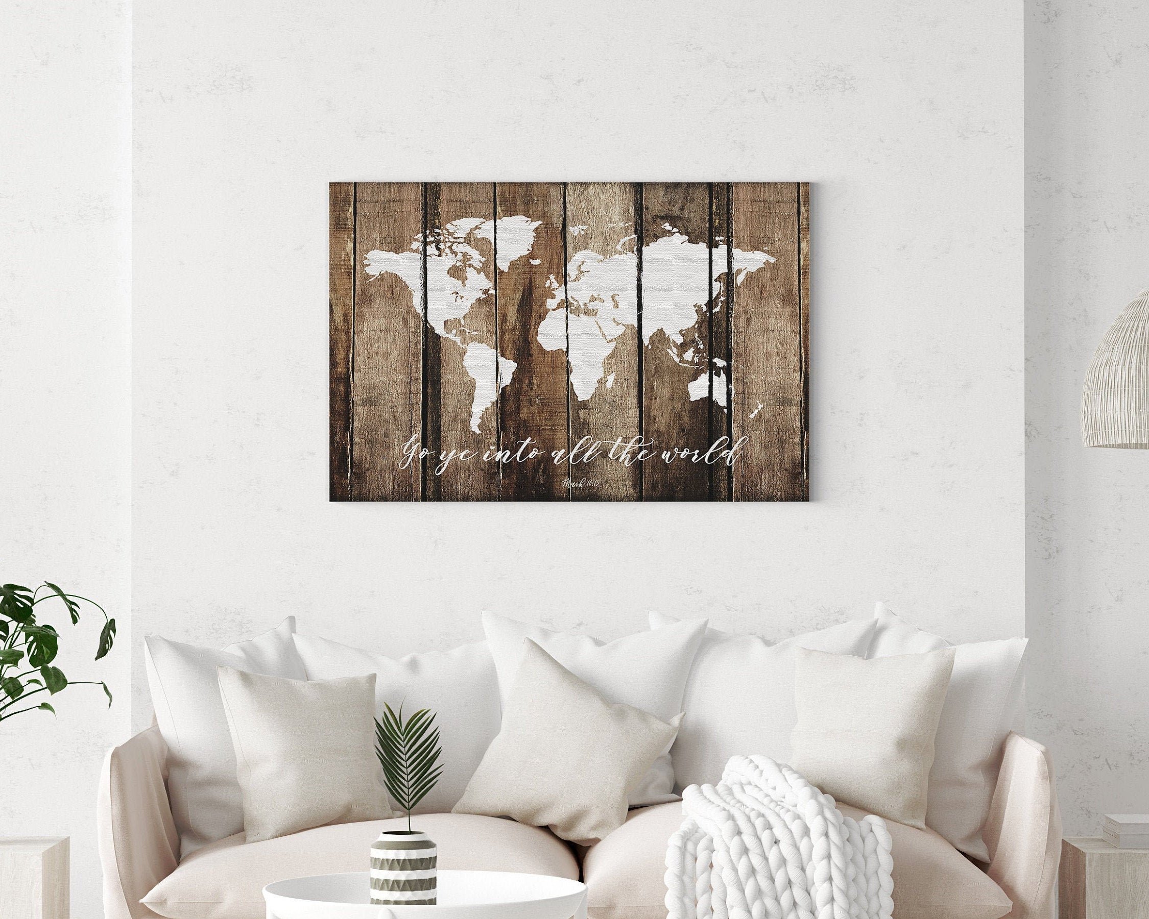 Rustic faux wood world map featuring the Great Commission scripture from Mark 16:15, perfect for home decor.