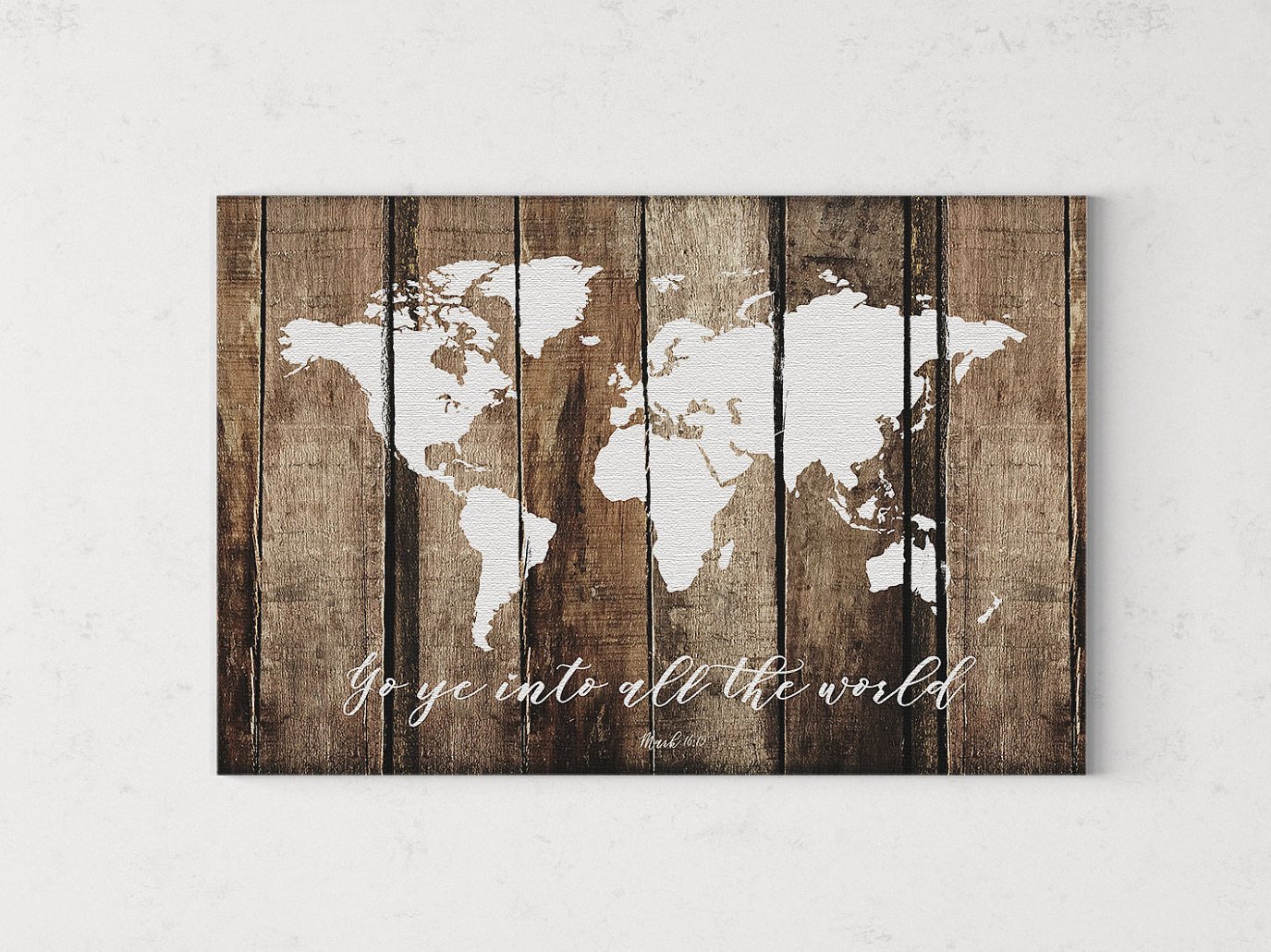 Rustic faux wood world map featuring the Great Commission scripture from Mark 16:15, perfect for home decor.