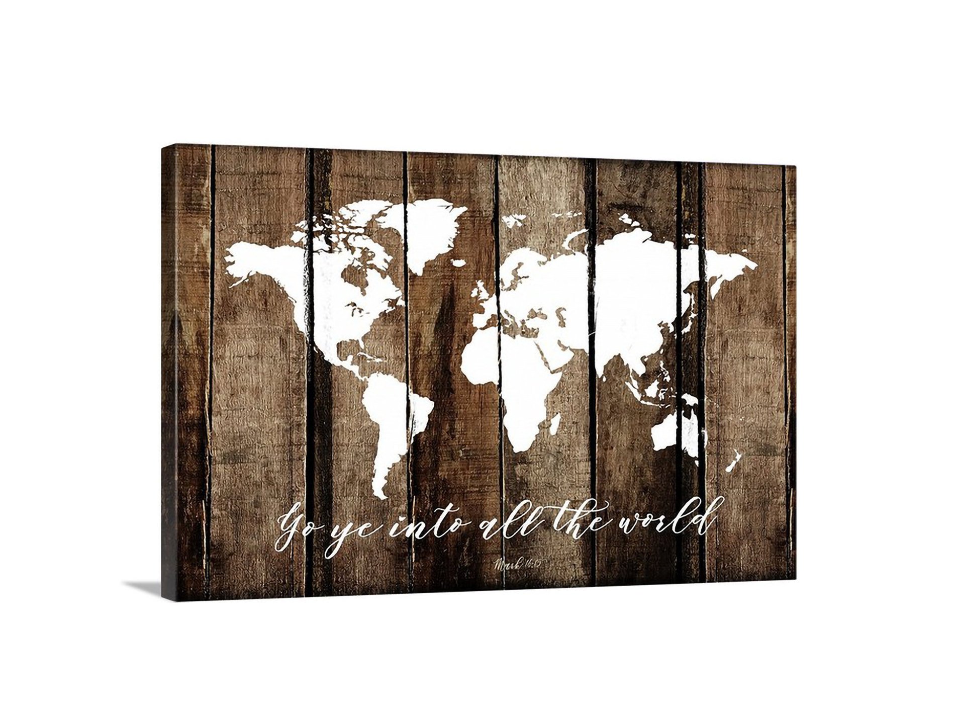 Rustic faux wood world map featuring the Great Commission scripture from Mark 16:15, perfect for home decor.