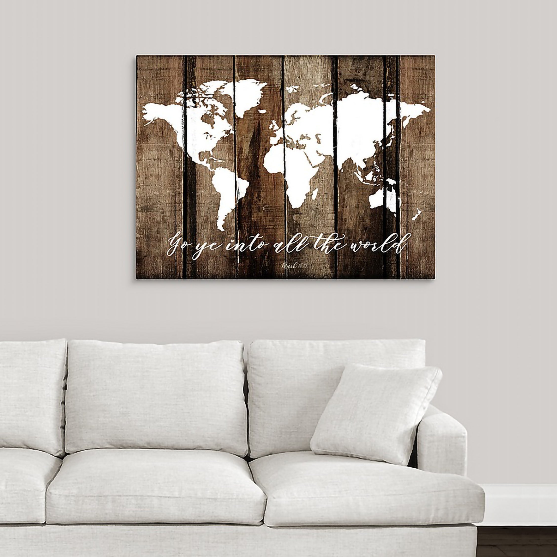 Rustic faux wood world map featuring the Great Commission scripture from Mark 16:15, perfect for home decor.