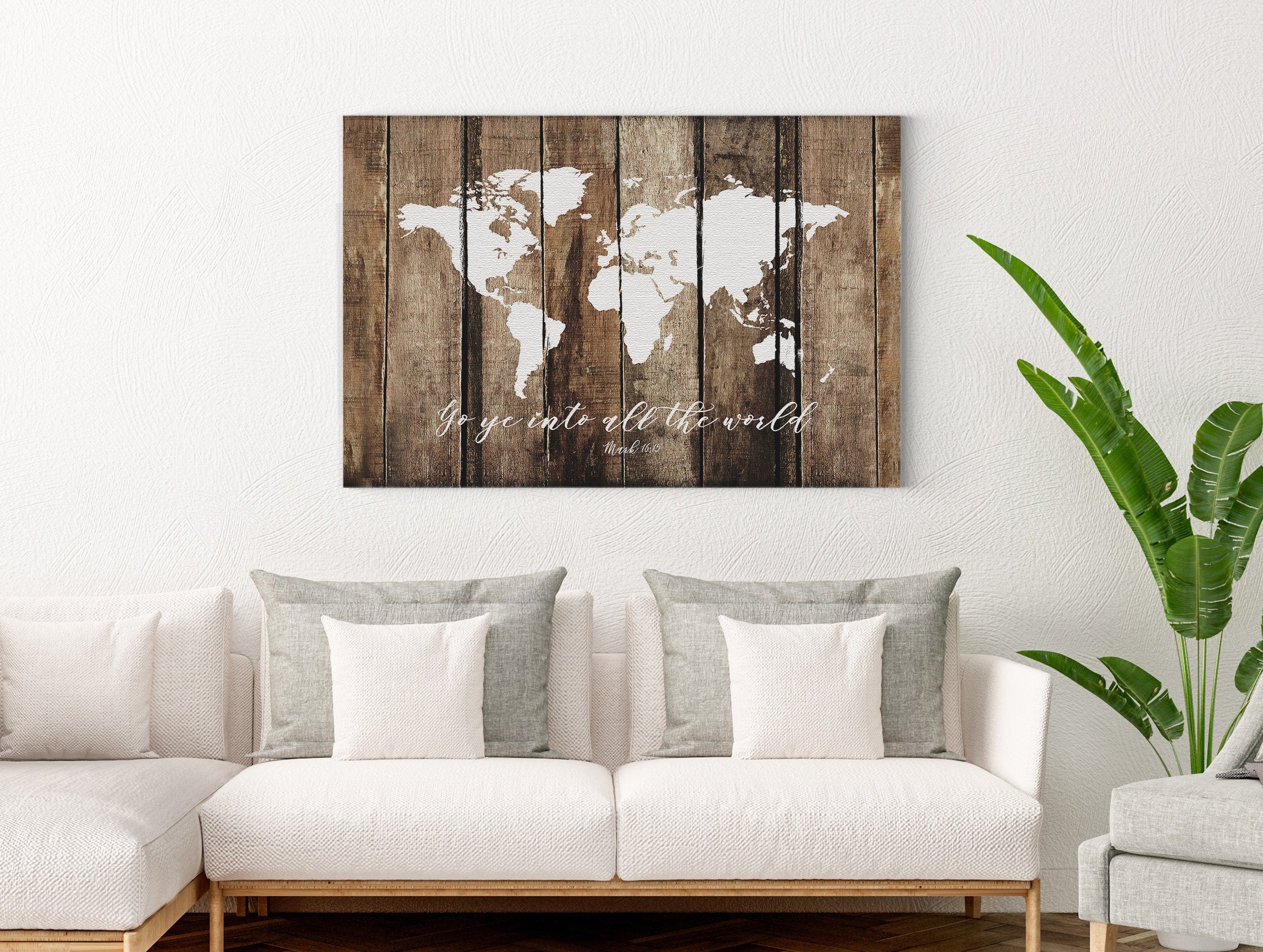 Faux rustic wood world map featuring the Great Commission scripture, beautifully designed for home decor.