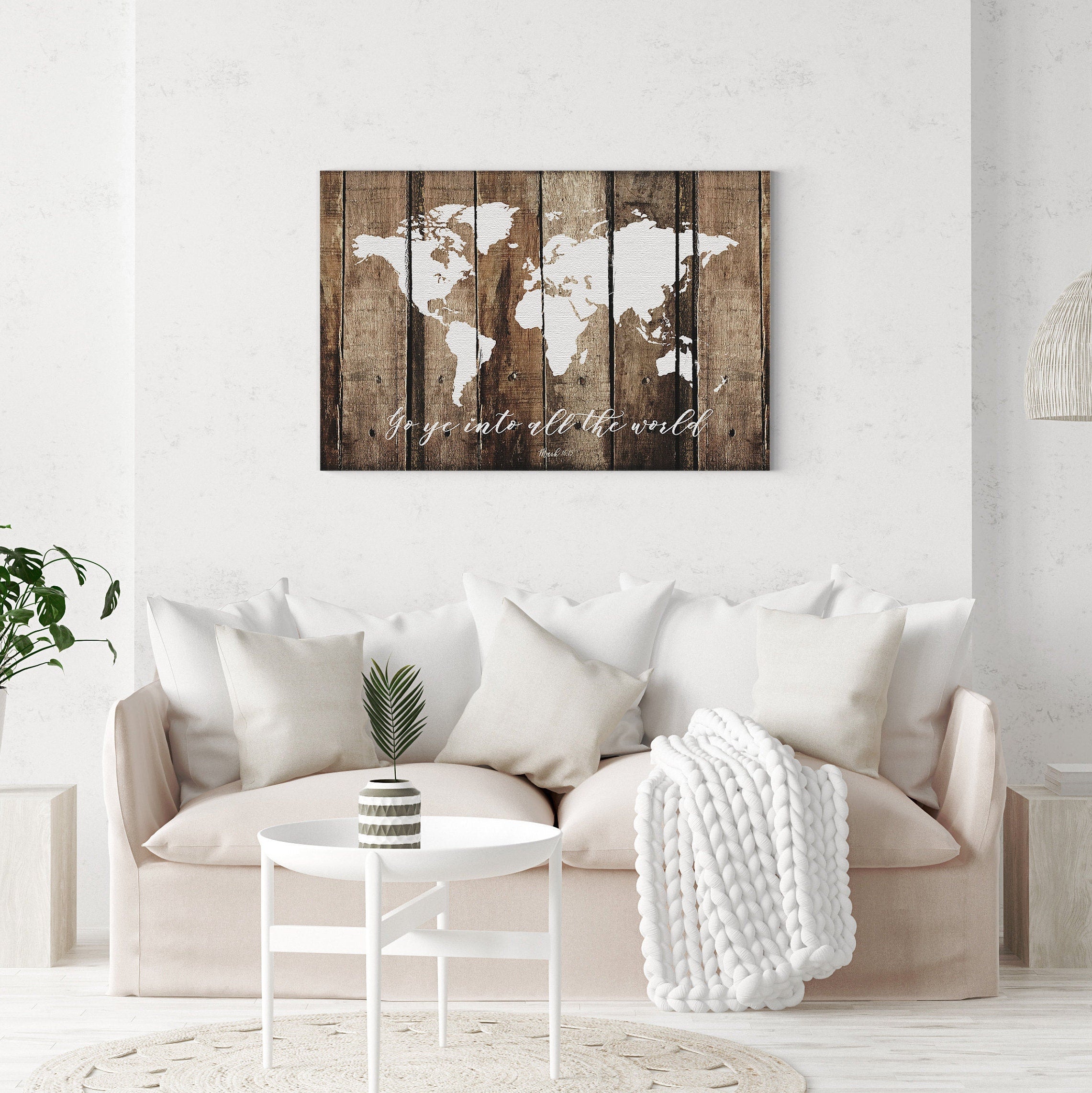 Faux rustic wood world map featuring the Great Commission scripture, beautifully designed for home decor.