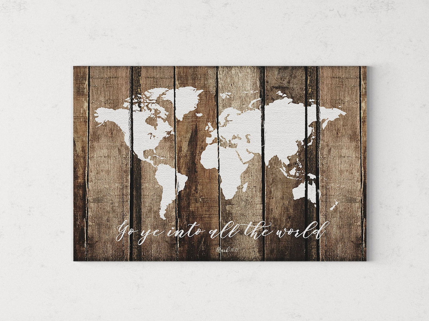 Faux rustic wood world map featuring the Great Commission scripture, beautifully designed for home decor.