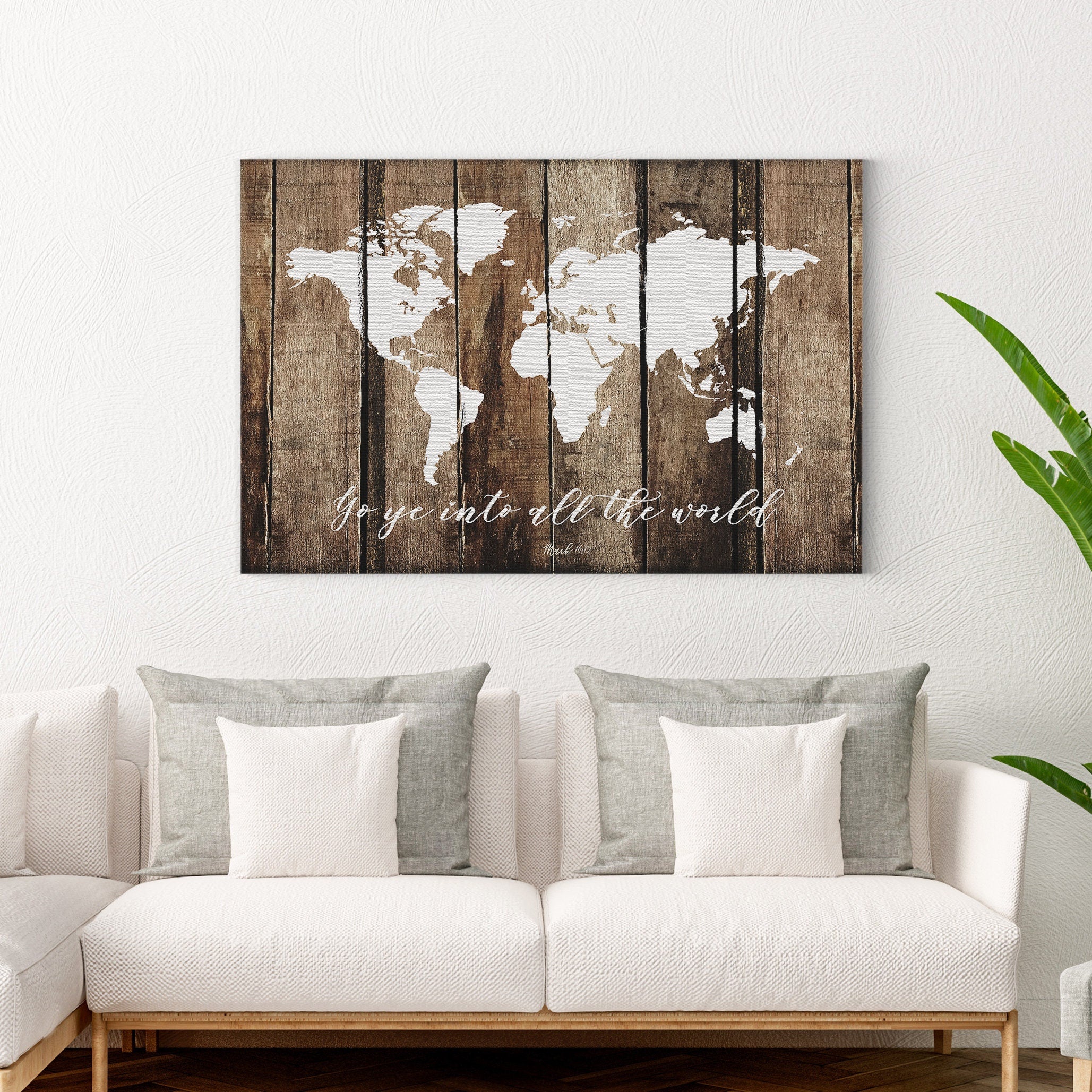 Faux rustic wood world map featuring the Great Commission scripture, beautifully designed for home decor.