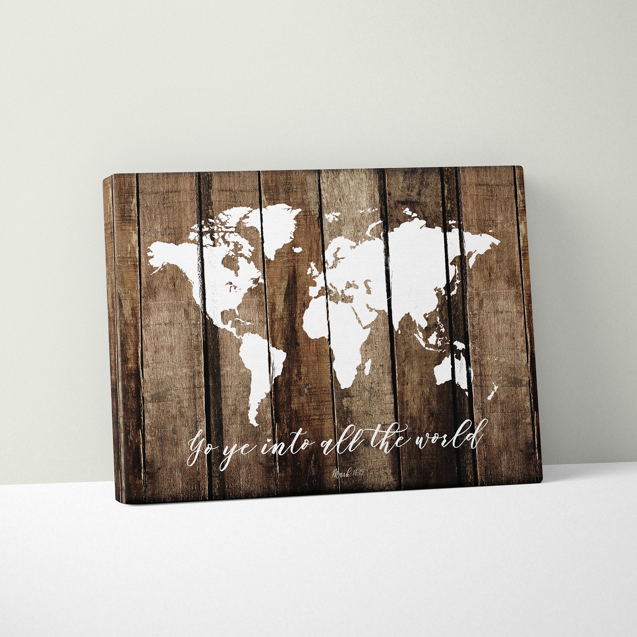 Faux rustic wood world map featuring the Great Commission scripture, beautifully designed for home decor.