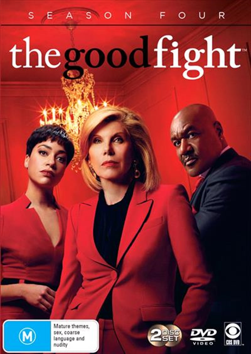 Good Fight Season 4 DVD cover featuring main characters in a dramatic legal setting.