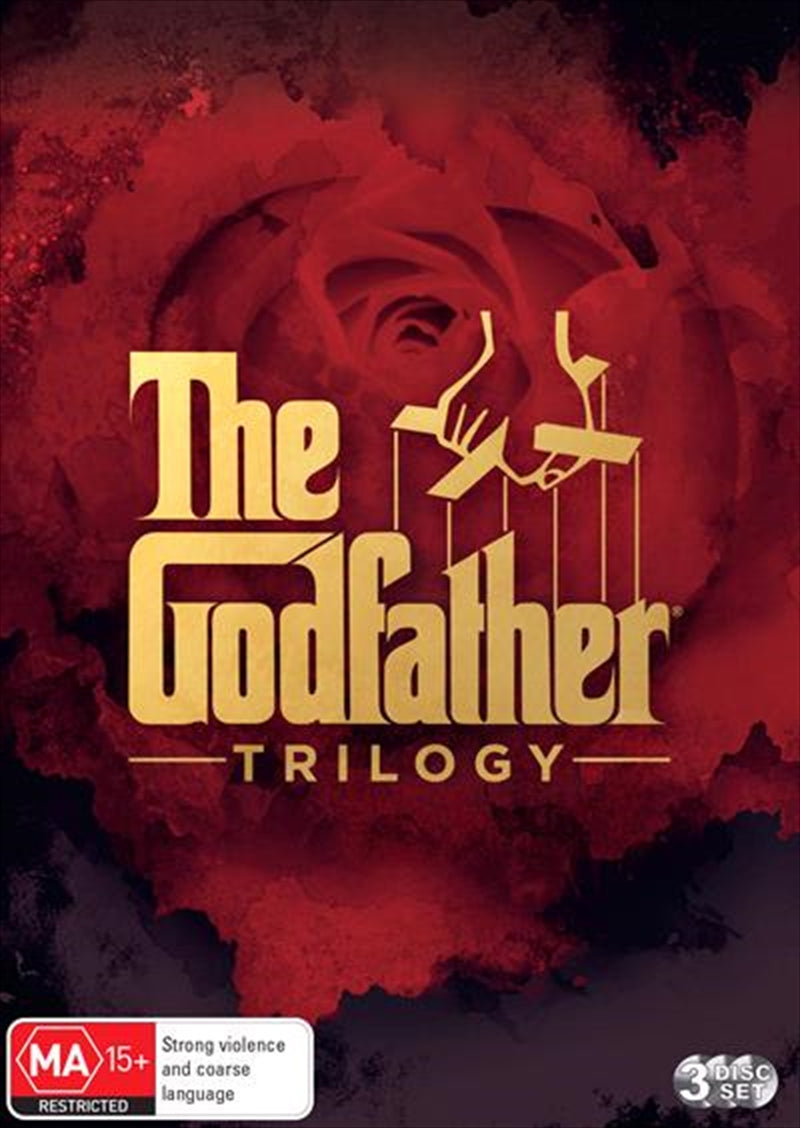 Carton set of The Godfather trilogy featuring iconic film imagery and titles.