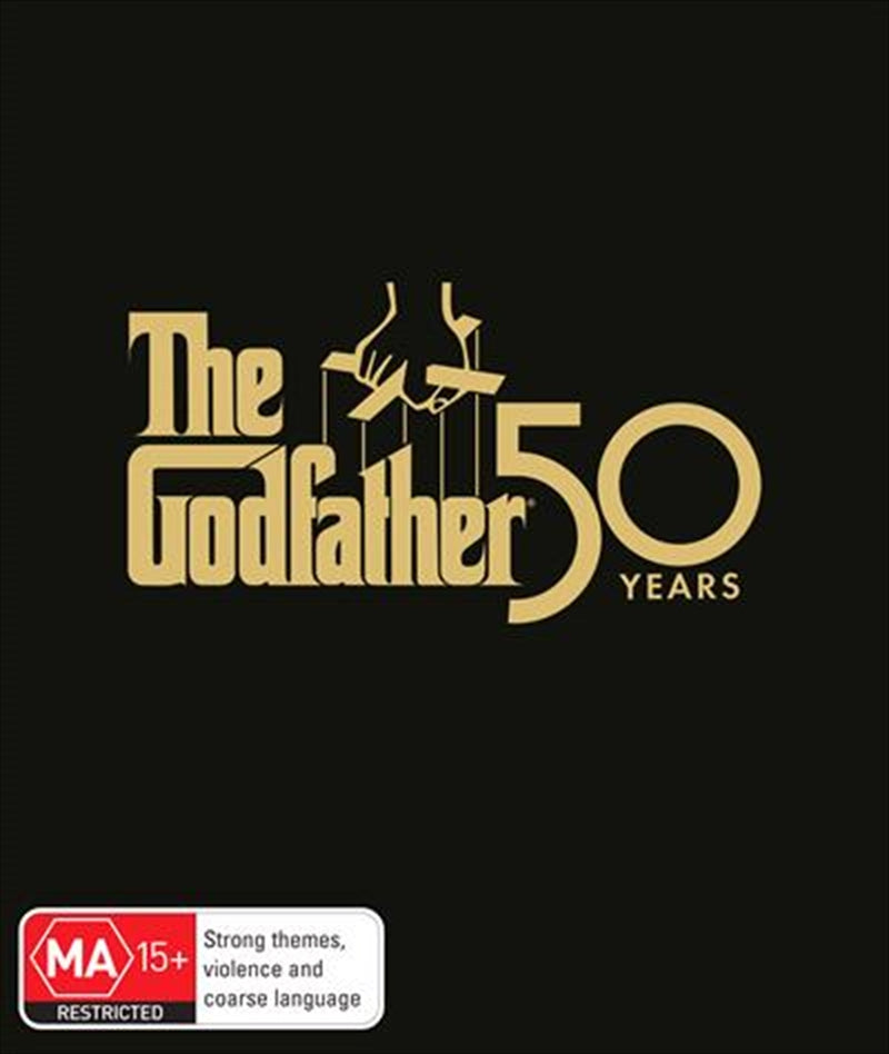 The Godfather trilogy DVD collection featuring iconic film covers and characters.