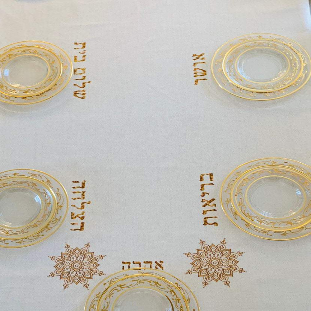 Gold Brachot tablecloth featuring embroidered blessings, designed by Broderies de France, perfect for Shabbat and Yom Tov.