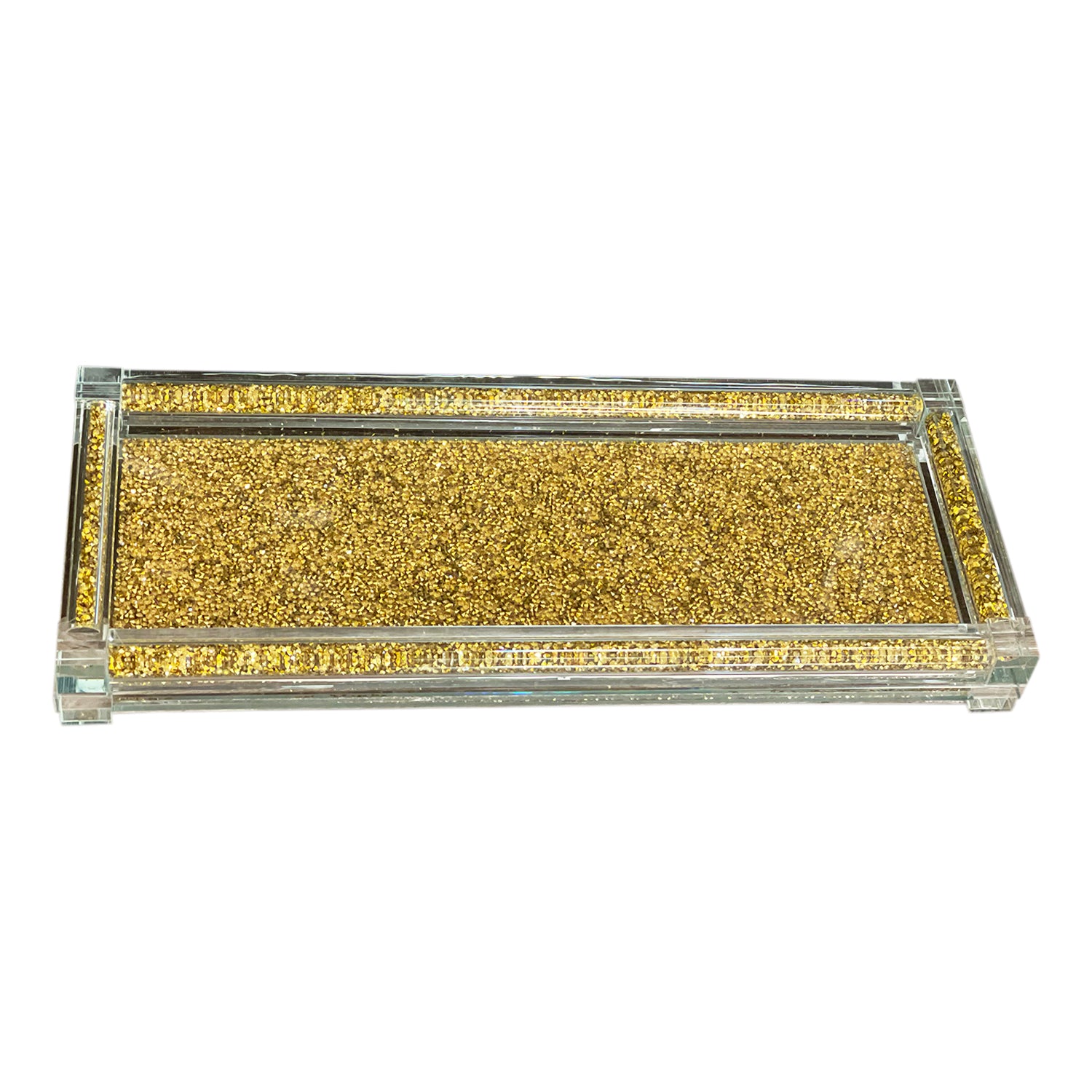 Gold Crushed Diamond Glass Tray elegantly displayed in a gift box, showcasing its luxurious design and sparkling details.