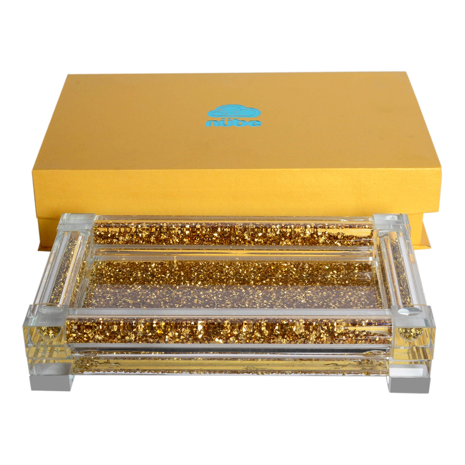 Gold Crushed Diamond Glass Tray elegantly displayed in a gift box, showcasing its luxurious design and sparkling details.