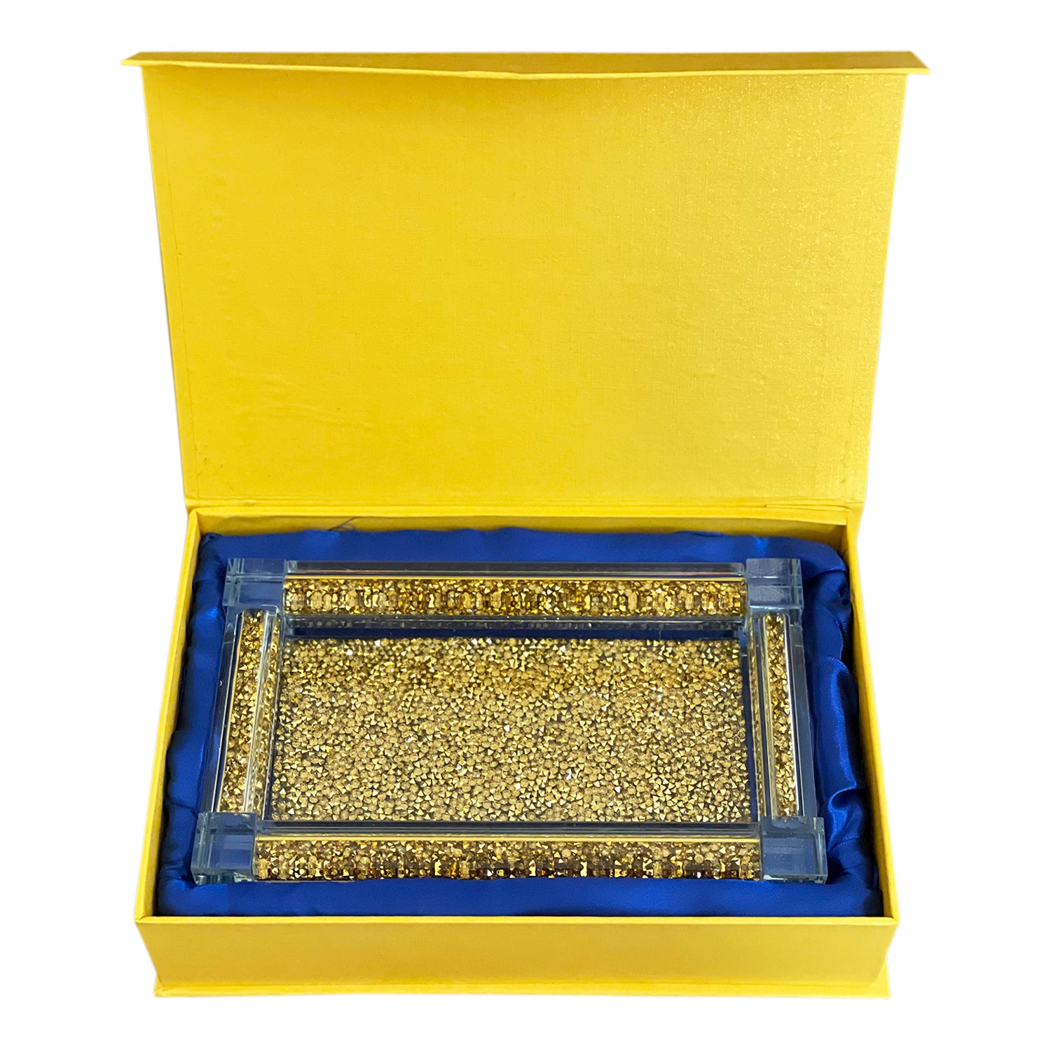 Gold Crushed Diamond Glass Tray elegantly displayed in a gift box, showcasing its luxurious design and sparkling details.