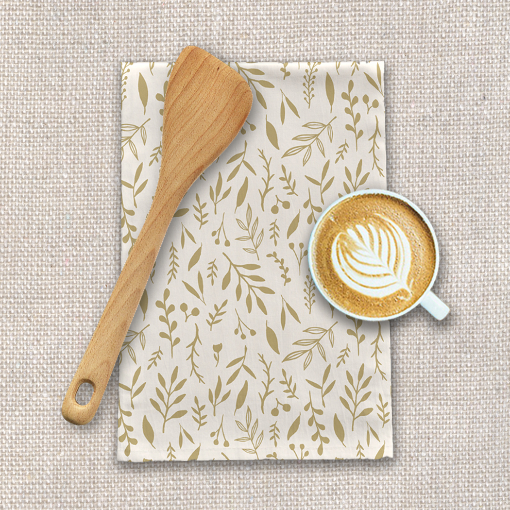 Gold Falling Leaves Tea Towel featuring a beautiful autumn design on soft cotton twill fabric, perfect for kitchen use.