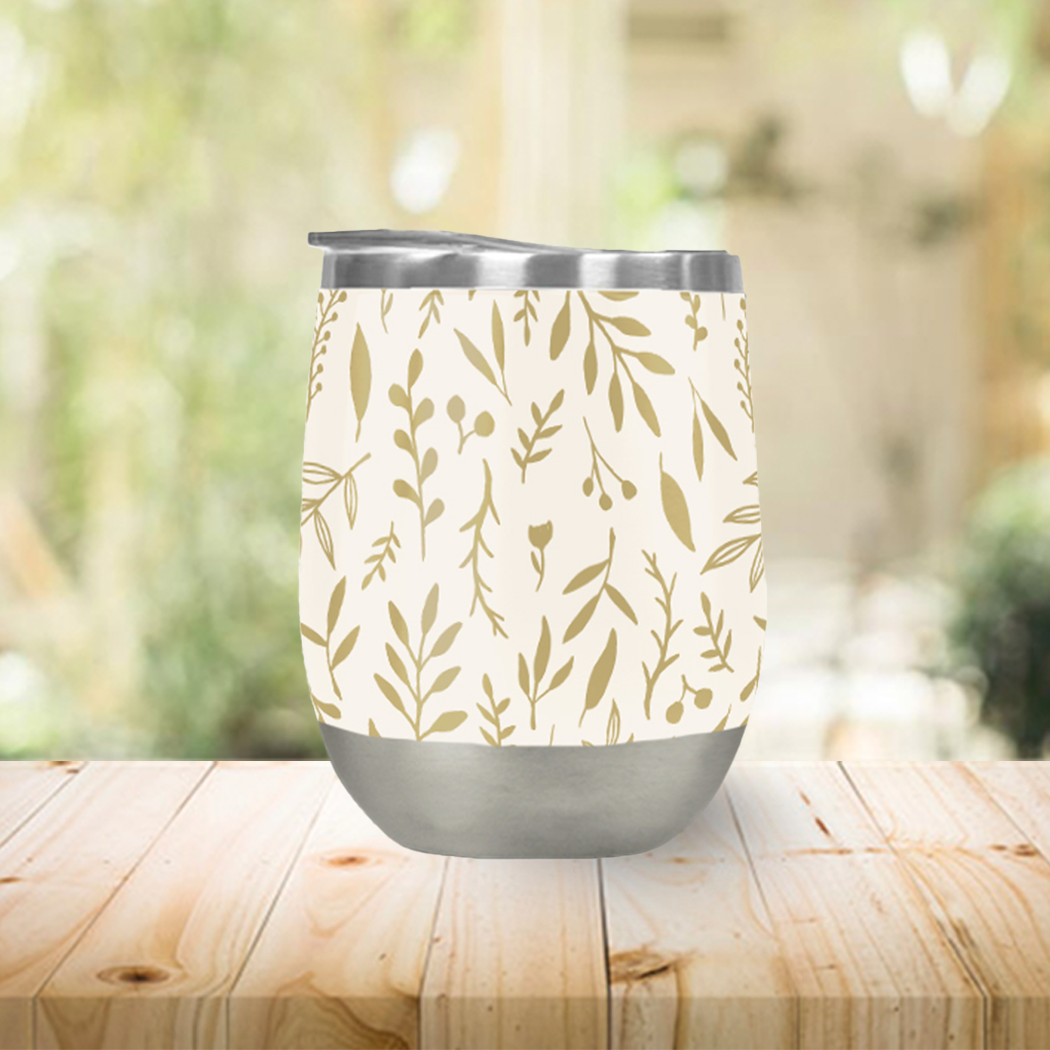 Gold Falling Leaves Wine Tumbler with double-wall insulation, showcasing a beautiful design perfect for outdoor events.