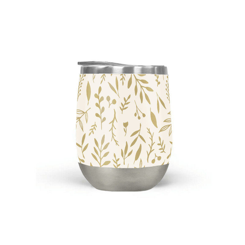 Gold Falling Leaves Wine Tumbler with double-wall insulation, showcasing a beautiful design perfect for outdoor events.