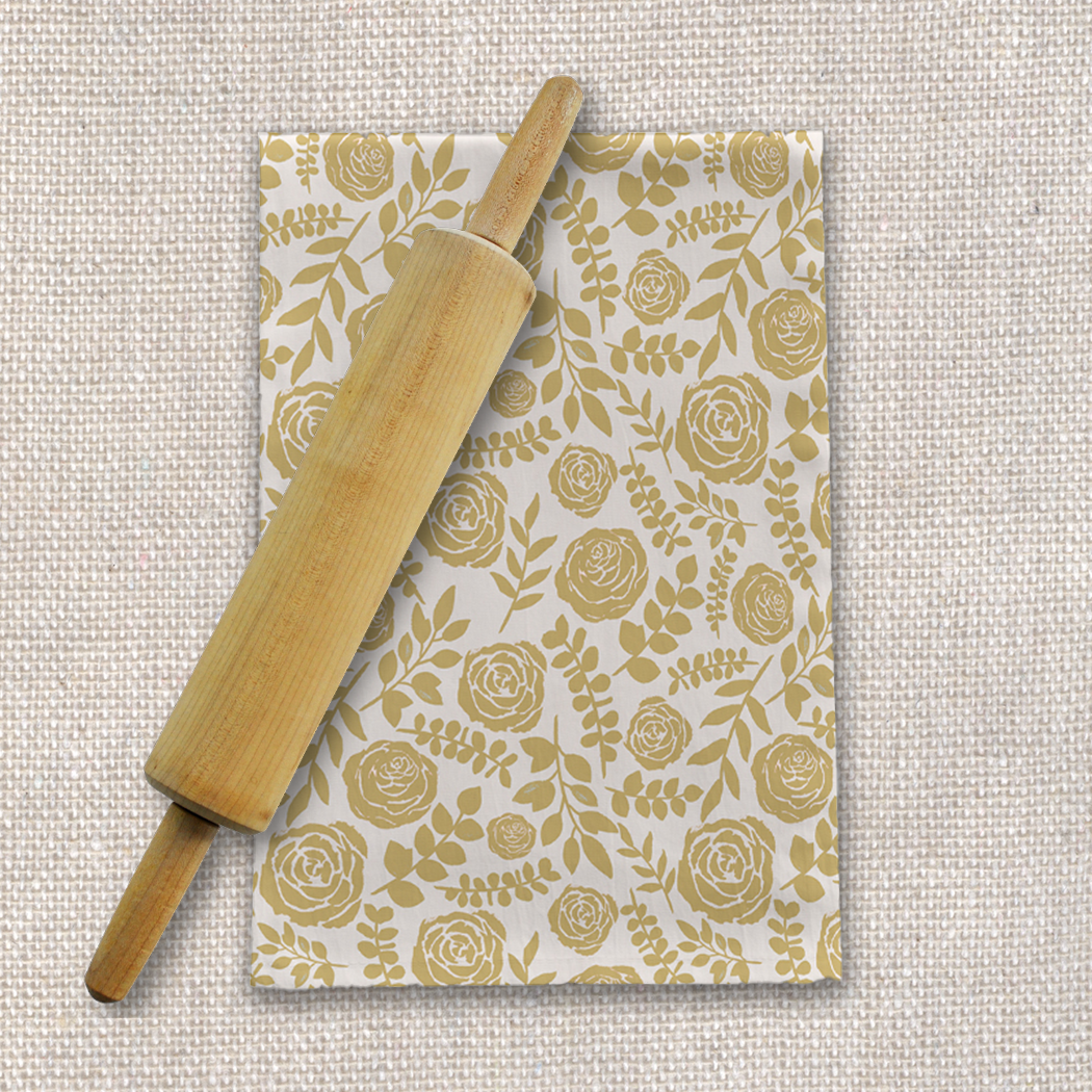 Gold Floral Tea Towel made of cotton twill, featuring a beautiful floral design, perfect for kitchen decor and drying dishes.