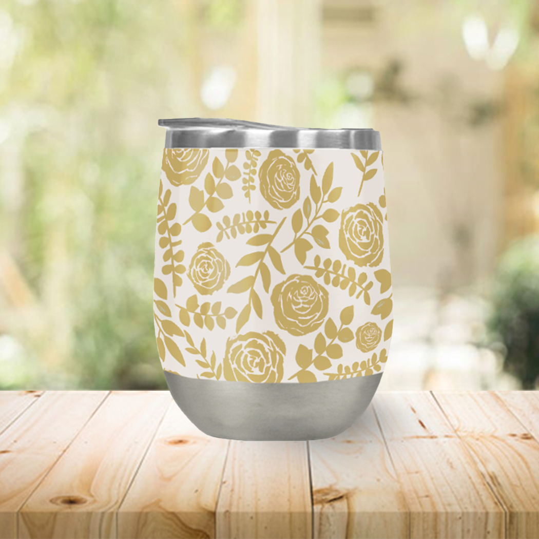 Gold Floral Wine Tumbler with double-wall insulation, perfect for outdoor use.