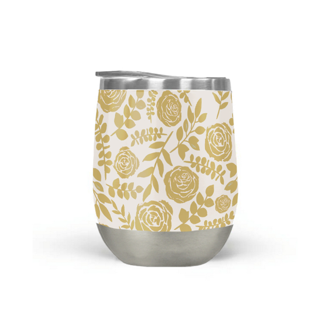 Gold Floral Wine Tumbler with double-wall insulation, perfect for outdoor use.