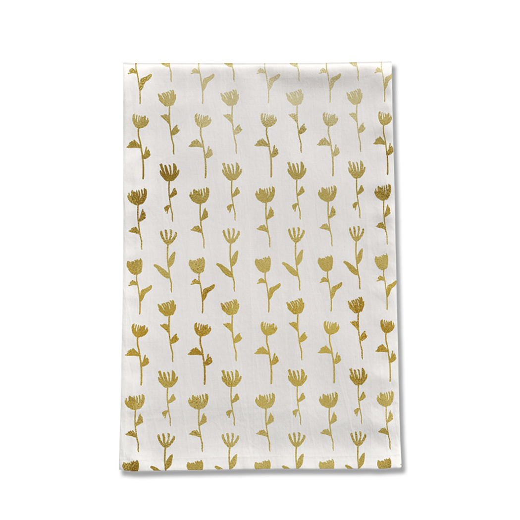 Gold Flower Tea Towel made of cotton twill, featuring a beautiful floral design, perfect for kitchen decor and practical use.