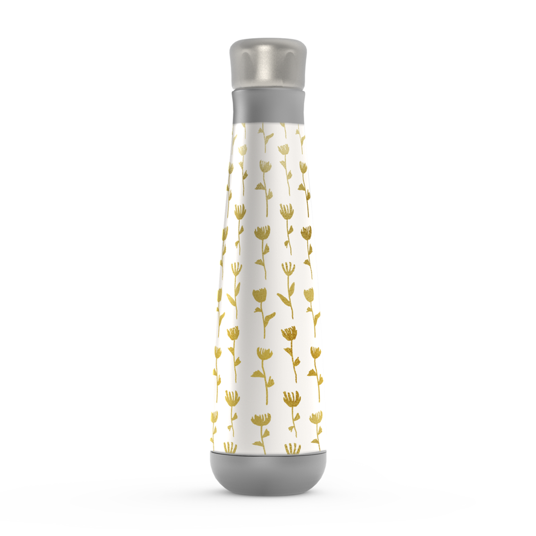 Stylish Gold Flower Water Bottle made of stainless steel with a floral design, perfect for hydration on-the-go.