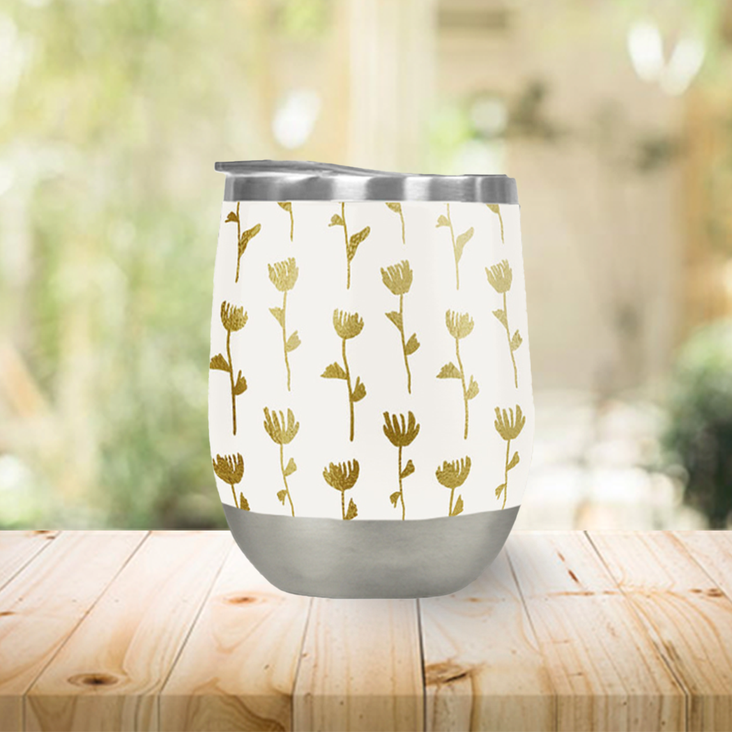 Gold Flower Wine Tumbler with double-wall insulation and a stylish design, perfect for outdoor use.