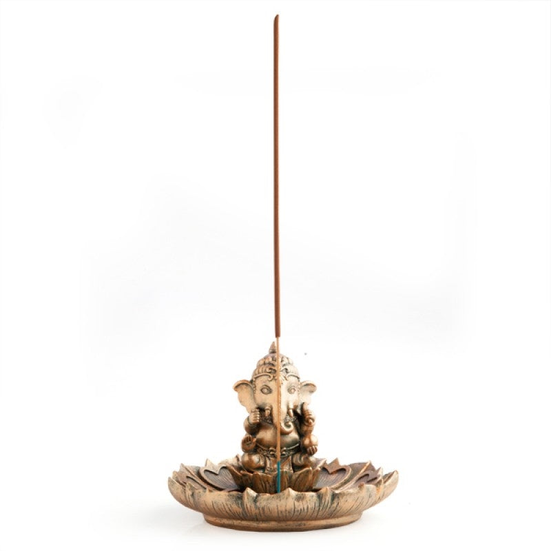 Gold Ganesh figure seated in a lotus-shaped incense burner with intricate details and an antique finish.